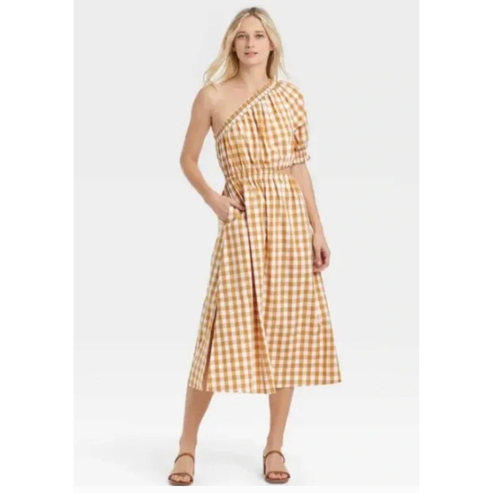 Who What Wear Gingham‎ One Shoulder Cutout Midi Dress Mustard Yellow White Large